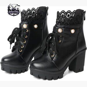 Platform Ankle Booties With Chunky Heel Zipper Lace Bead Details Gothic Style